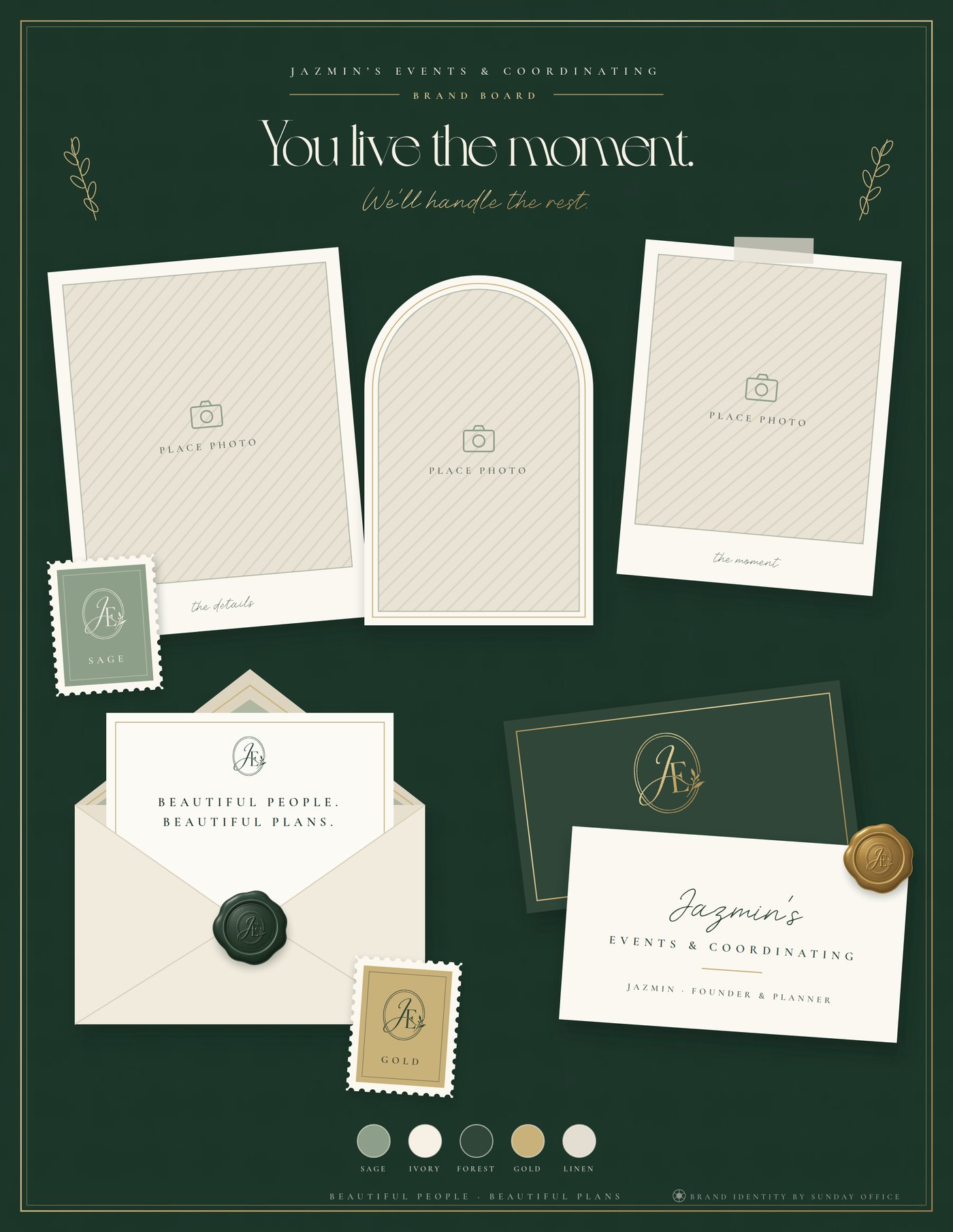 Brand board: stationery, wax seals, stamps and the palette
