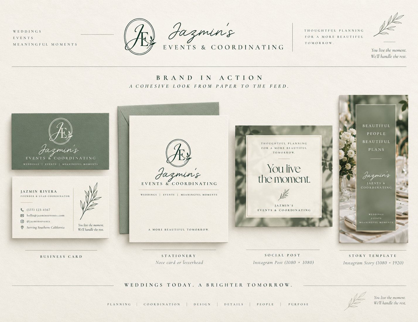 The identity on business cards, stationery, a social post and a story